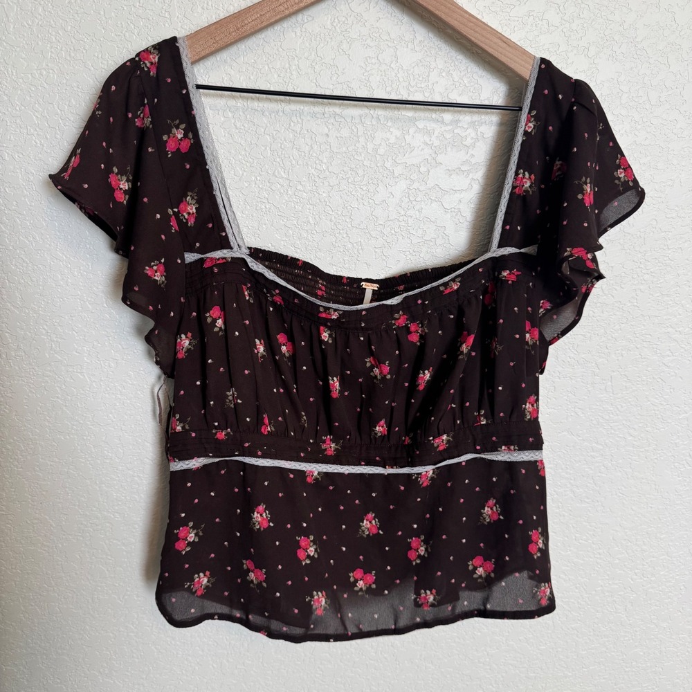 Cottagecore Coquette Free People Floral Flutter Sleeve Top XL Brown Pink